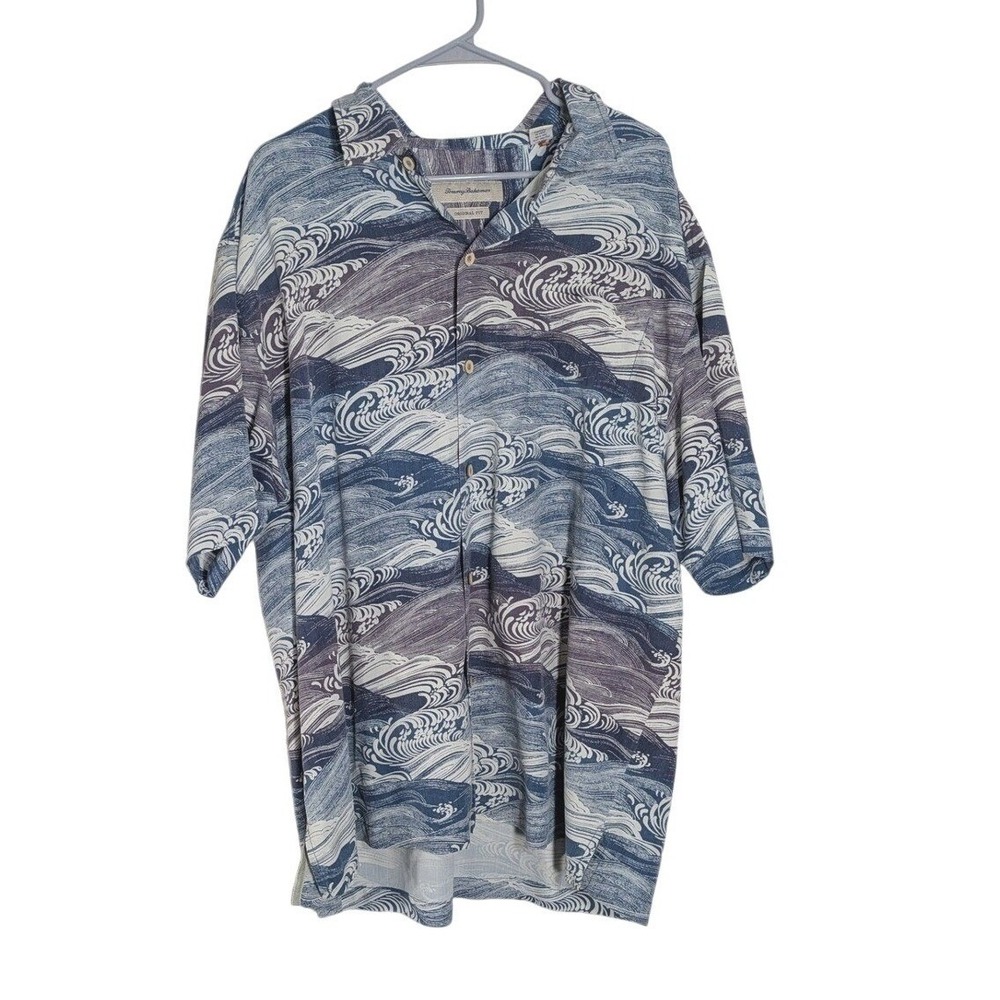 Tommy Bahama XXL Bayside Tide Silk Camp Shirt Blue Japanese Wave Print